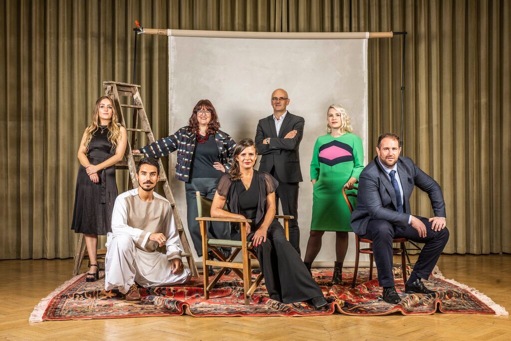 Digital artist Nadia J Armstrong, photographer Barialai Khoshal, Louise O'Reilly, chief executive of Business to Arts, Etain Seymour of Accenture, Lar Joye of Dublin Port Company, Anna McGowan of the St Patrick’s Festival and and Ben Barclay from the Press Up Hospitality Group at the 30th annual Business to Arts Awards. Photograph: Conor McCabe