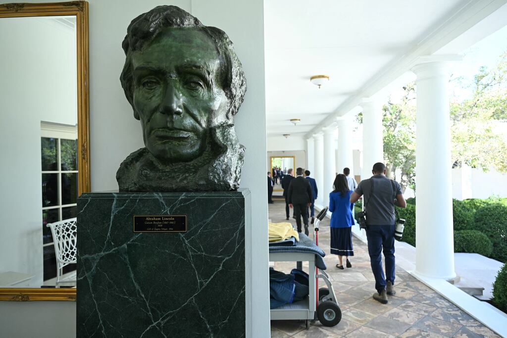 A newly installed bust of former US president Abraham Lincoln in the West Wing colonnade at the White House. Photograph: Saul Loeb/AFP via Getty Images
