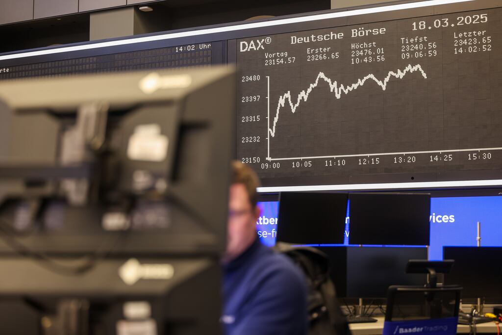 The Frankfurt Stock Exchange. European shares fell to their lowest close in two months on Monday, as cautious investors fled risky bets after US President Donald Trump said tariffs would hit all countries, fuelling fears of a global economic slowdown.  Photograph: Alex Kraus/Bloomberg