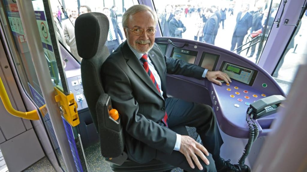 European Investment Bank president Werner Hoyer at the controls of a Luas tram, following discussions on future investment in the Luas network. Photo: Eric Luke/The Irish Times