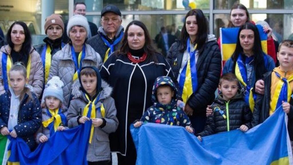 Ukrainian ambassador to Ireland Larysa Gerasko pictured last month with a group of Ukrainian refugees  at County Hall, Swords. Photograph: Colin Keegan/Collins Dublin