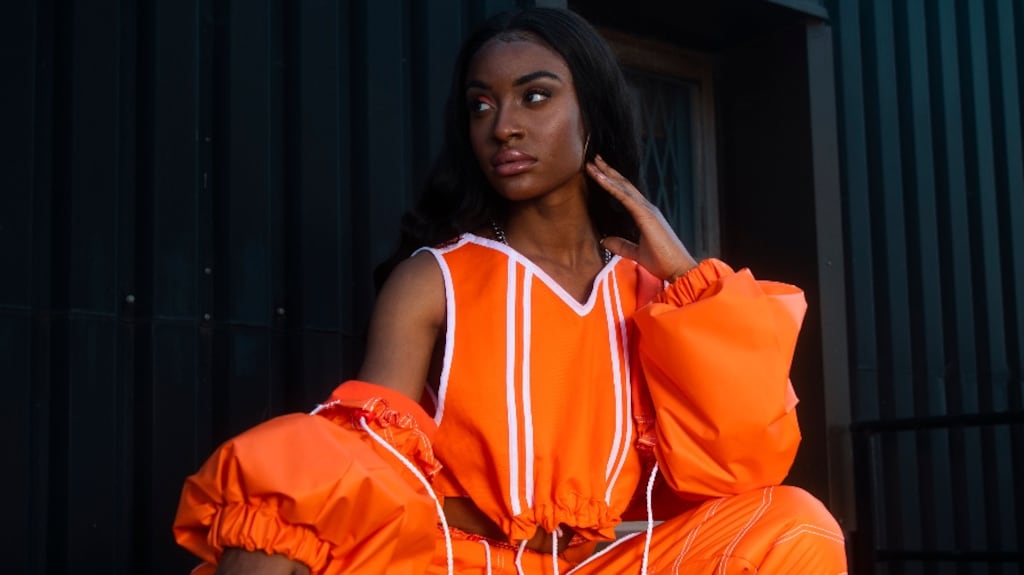 Ciara Allen’s Ember Jacket, €360 made from coated waterproof fabric. The Ember Culottes, €255 made from cotton drill with wadded waterproof panels at the knee and top, €80, also made from the cotton drill with white cotton bias binding details. Model: Nosimo Adekunle. Photograph: Paul Lucaci