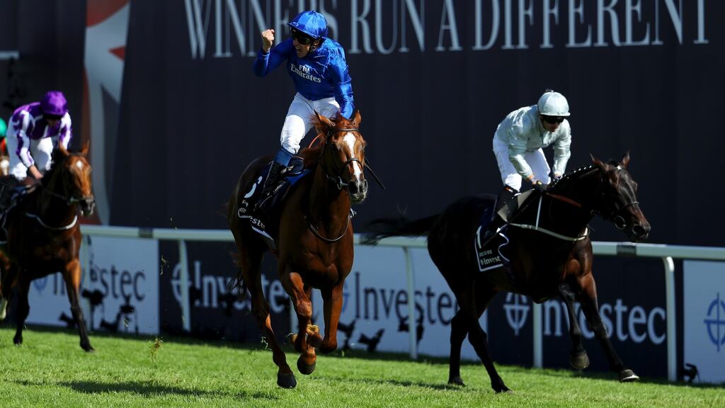 William Buick riding Masar celebrates winning the Investec Derby race on Derby Day at Epsom Downs on June 2nd. Photograph: Warren Little/Getty
