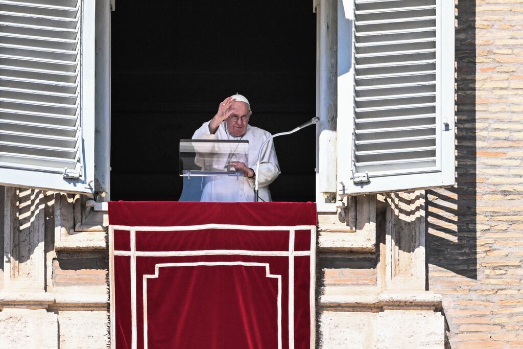 Pope Francis waves from the window of the apostolic palace during the weekly Angelus prayer on Sunday in the Vatican. Photograph: Tiziana Fabi/AFP via Getty Images