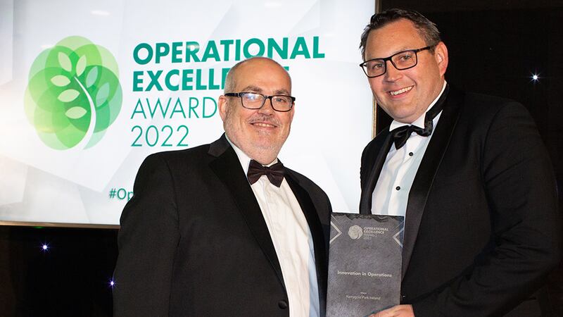 Eugene Bortolozzo, CEO at Business River, presents the Innovation in Operations award to Mark Power, Kerrygold Park Ireland.