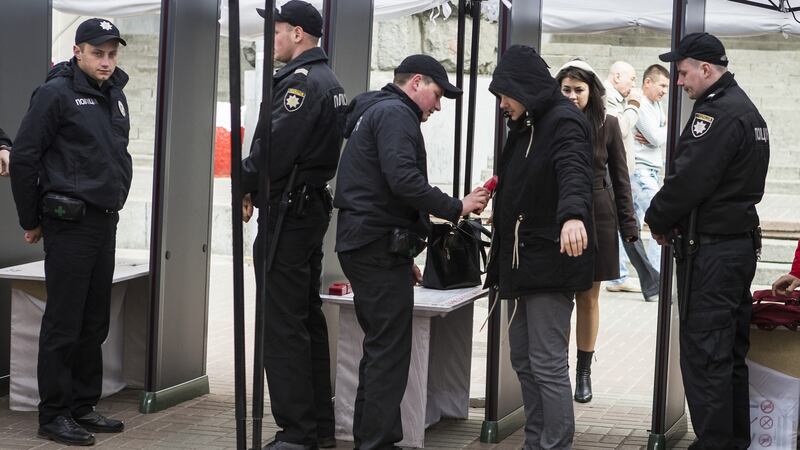 Security controls at the entrance of the Eurovision Village on Kreschatyk Street in Kiev. Photograph: Michael Campanella/Getty Images