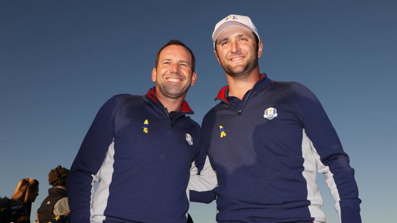 Sergio Garcia and Jon Rahm of Europe pose during a photocall ahead of the 2018 Ryder Cup at Le Golf National in Paris. Photograph: Christian Petersen/Getty Images