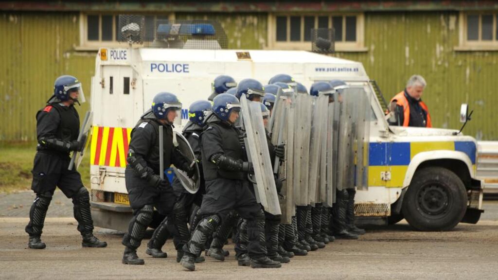 File photograph of PSNI officers undergoing riot training at Longmoor Army Camp ahead of the G8 meeting in Northern Ireland in 2013. File Photograph: Andrew Matthews/PA Wire