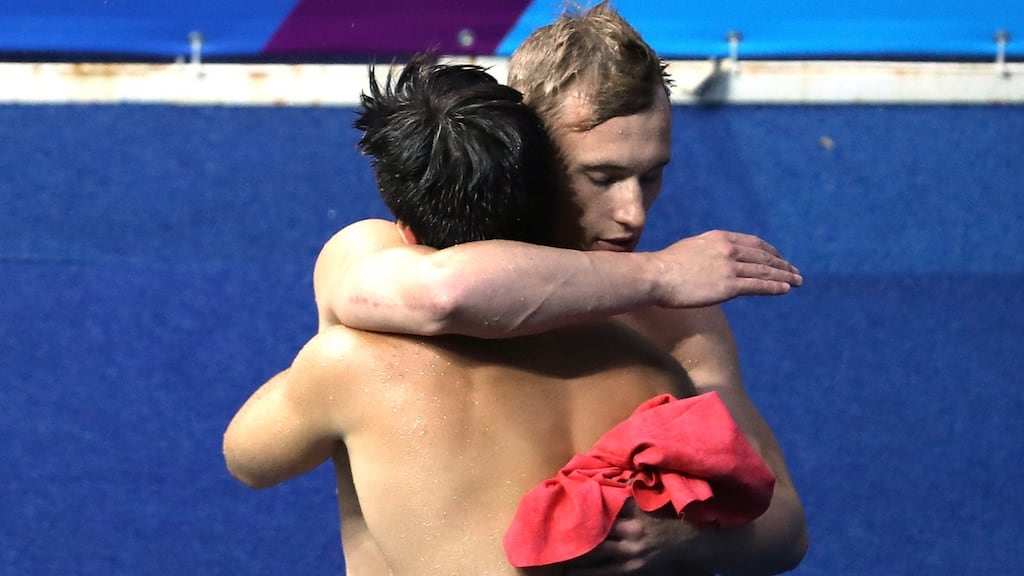 Jack Laugher and Chris Mears of Great Britain celebrate at the Rio 2016 Olympic Games. Photograph: Al Bello/Getty Images