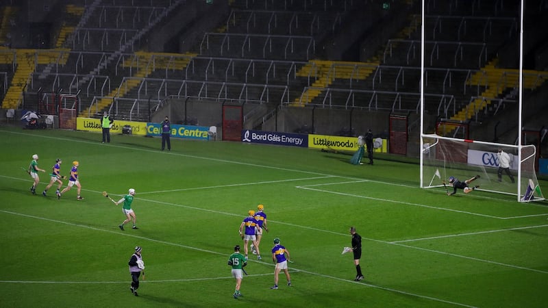 Limerick’s Aaron Gillane scores a penalty during the Munster SHC semi-final against Tipperary at Páirc Uí Chaoimh. Photograph: Ryan Byrne/Inpho