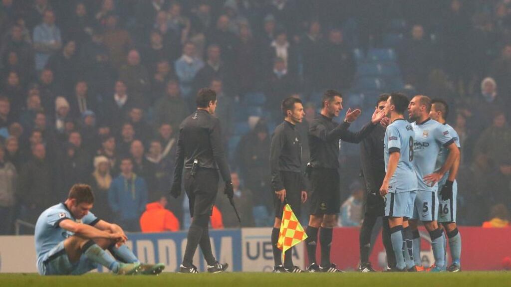 Sergio Aguero, Pablo Zabaleta and Samir Nasri of Manchester City protest to Referee Tasos Sidriopoulos at the end of the UEFA Champions League Group E match between Manchester City and CSKA Moscow earlier this month. Photograph:Alex Livesey/Getty Images
