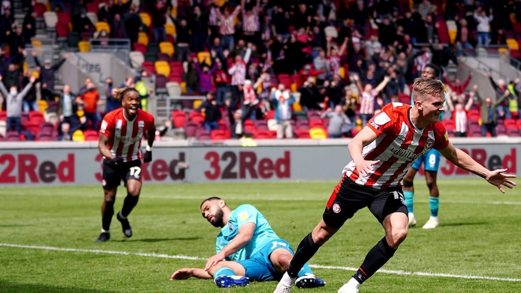 Brentford’s Marcus Forss celebrates scoring his side’s third against Bournemouth. Photograph: John Walton/PA
