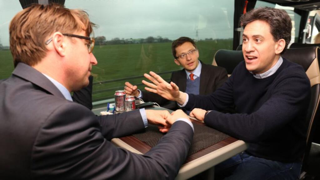 The morning after the debate before: Labour leader Ed Miliband talks to members of the media on board the Labour bus following a campaigning visit to Blackpool yesterday. Photograph: Chris Radburn/PA