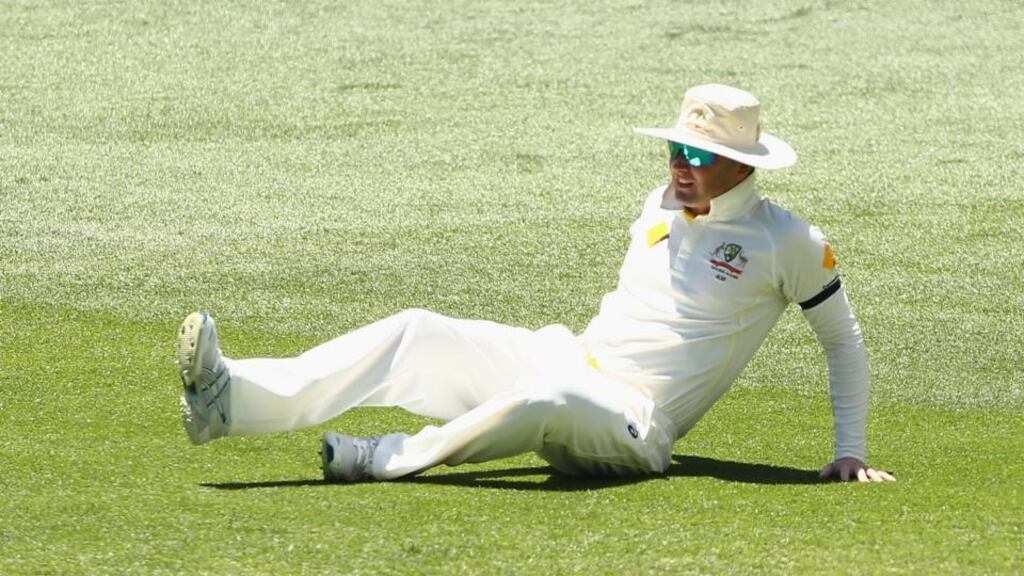Michael Clarke of Australia  injured his hamstring  during day five of the First Test match between Australia and India at Adelaide Oval. Photograph:  Robert Cianflone/Getty Images
