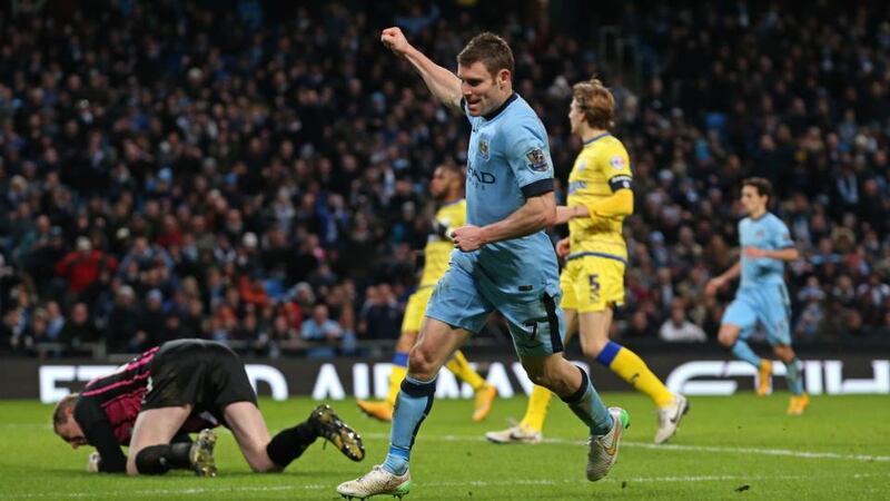 James Milner of Manchester City celebrates after scoring his first against Sheffield Wednesday at Etihad Stadium. Photograph: Jan Kruger/Getty Images
