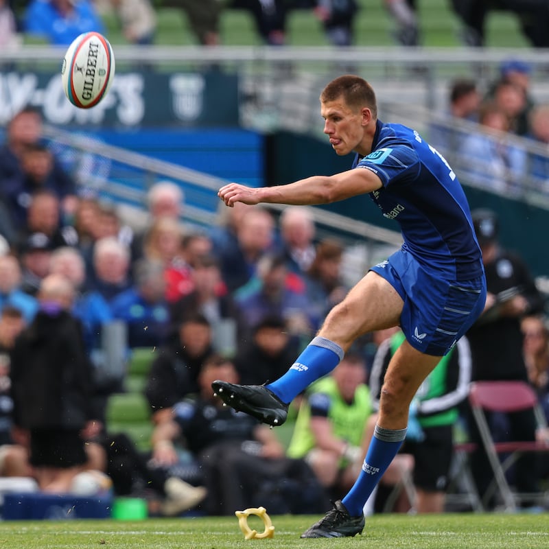 Sam Prendergast takes a kick during Leinster's semi-final victory over Glasgow Warriors at the Aviva Stadium. Photograph: Ben Brady/Inpho