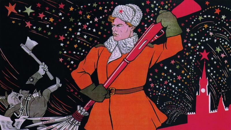 “Red Army’s Broom Will Sweep Away”: a Soviet soldier brushes off attackers in front of the Kremlin, in a poster from 1943. Photograph: Buyenlarge/Getty Images