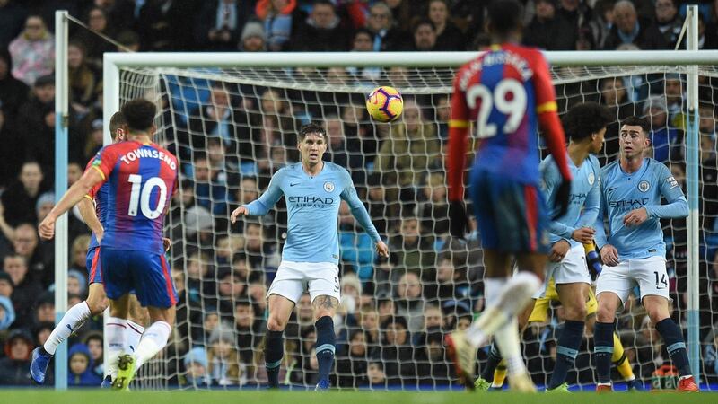 Townsend scores a stunning volley to put Palace 2-1 up. Photo: Oli Scarff/Getty Images