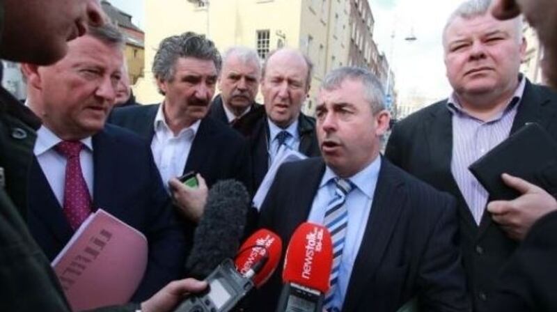 (From left) Seán Canney, John Halligan, Finian McGrath, Shane Ross, Kevin ‘Boxer’ Moran and Michael Fitzmaurice of the Independent Alliance. Members of the Alliance are due to meet Fine Gael on Monday. Photograph: Nick Bradshaw