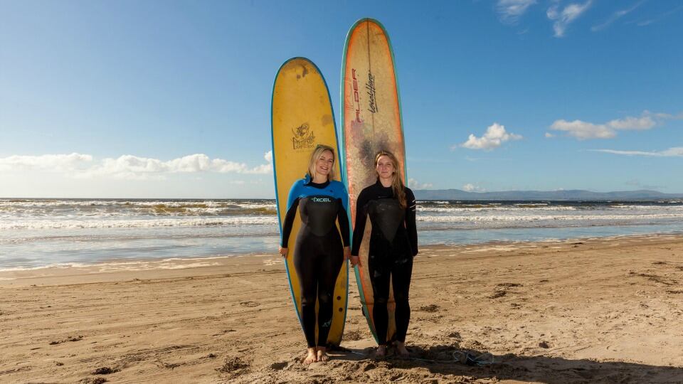 Deirdre Mullins and surfer Easkey Britton on Rossnowlagh beach, Co Donegal. Photograph: Declan Devlin