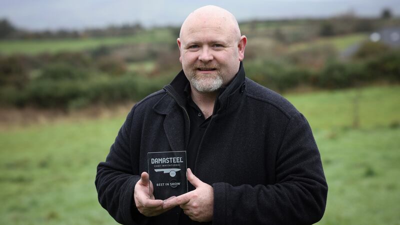 Blade-smith Patrick Brennan with his Best in Show award from Damasteel Chef Invitational. Photograph: Laura Hutton