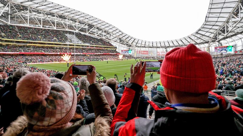 Fans wait for kick-off in the 2022 Guinness Six Nations Championship Round 1 match between Ireland and Wales at the Aviva Stadium,  Dublin on February 5th. Photograph: Laszlo Geczo/Inpho