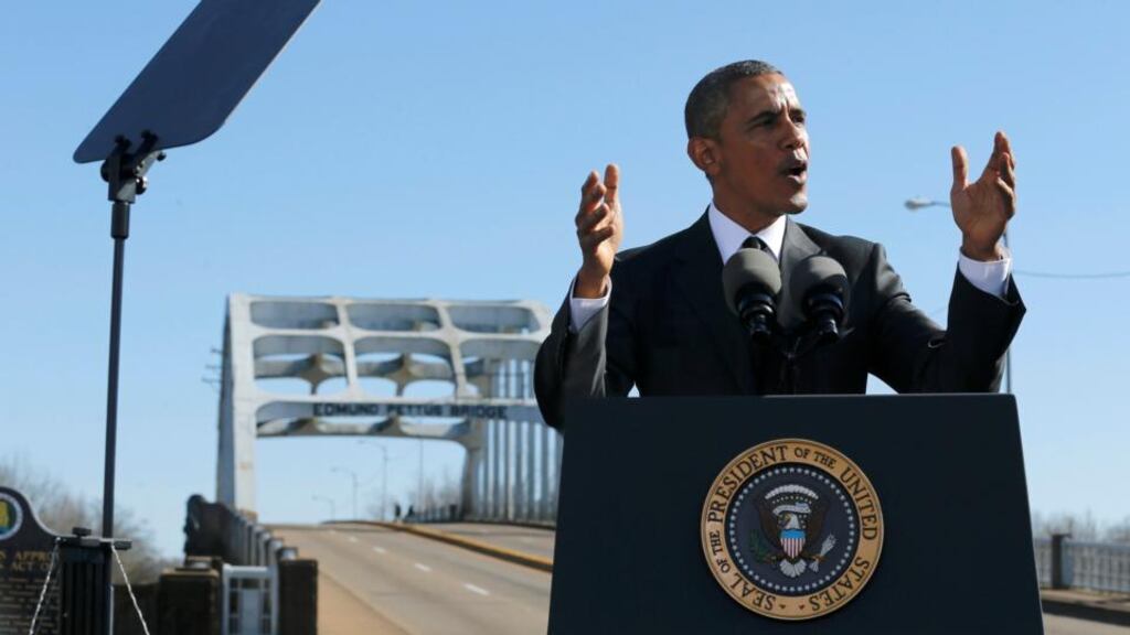 US president Barack Obama delivers remarks at the Edmund Pettus Bridge in Selma, Alabama, Saturday. Photograph: Reuters