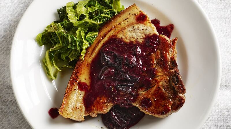Pork chops with Savoy cabbage & sloes