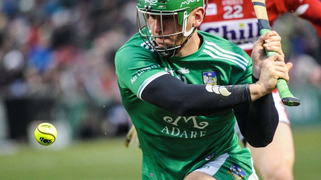 Limerick’s Tom Morrissey in action against Cork at Fenway Park in Boston last November. A yellow sliotar was used for the Super-11s games. Photograph: Emily Harney/Inpho