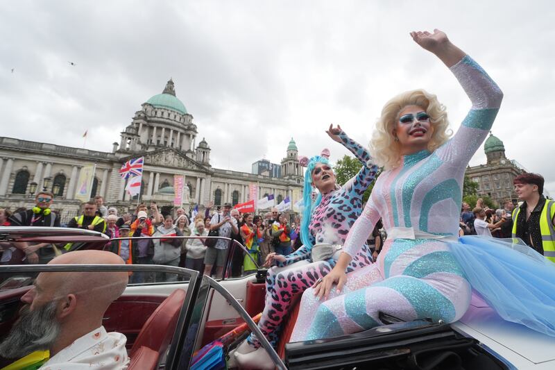 People take part in the Belfast Pride Parade, in the city centre. The parade started in 1991 and over the last 30 years has grown to be the largest single parade in Northern Ireland. Photograph: Brian Lawless/PA Wire