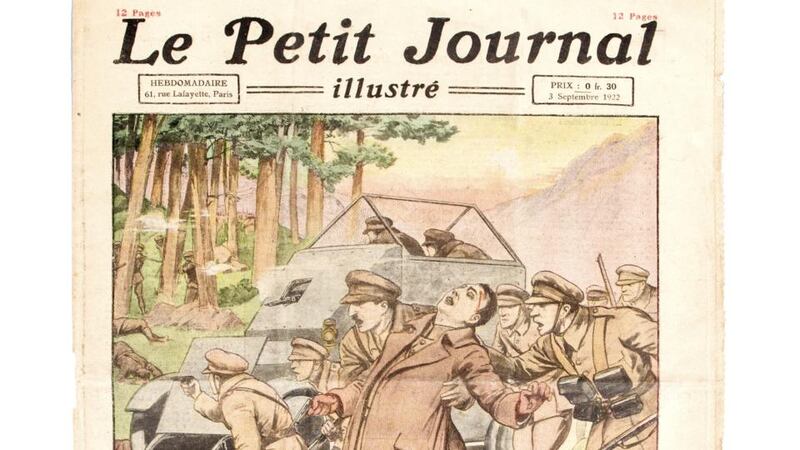 A copy of the French newspaper Le Petit Journal’s weekly illustrated supplement, showing an artist’s impression of the death of Michael Collins, fetched €100 at Adam’s