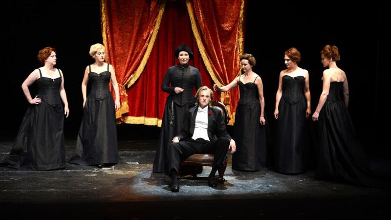 02/10/2012 NEWS A scene from The Picture of Dorian Gray by Oscar Wilde adopted and directed by Neil Bartlett pictured are centre Tom Canton who appears as Dorian Gray with,from left Lisa Ann Mc Laughlin, Jane Brennan, Kate O Toole,Bairbre Ni Chaoimh Ali White and Susannah de Wrixon which opens today (wednesday) at the Abbey Theatre and runs until saturday 17th November., Photograph: Cyril Byrne / THE IRISH TIMES