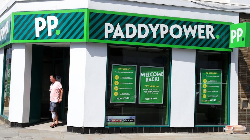 A Paddy Paddy Power betting shop in London. The bookmaker is owned by Flutter Entertainment, which recorded a near one-third increase in its revenues in the first quarter of this year. Photograph: Andrew Redington/Getty Images