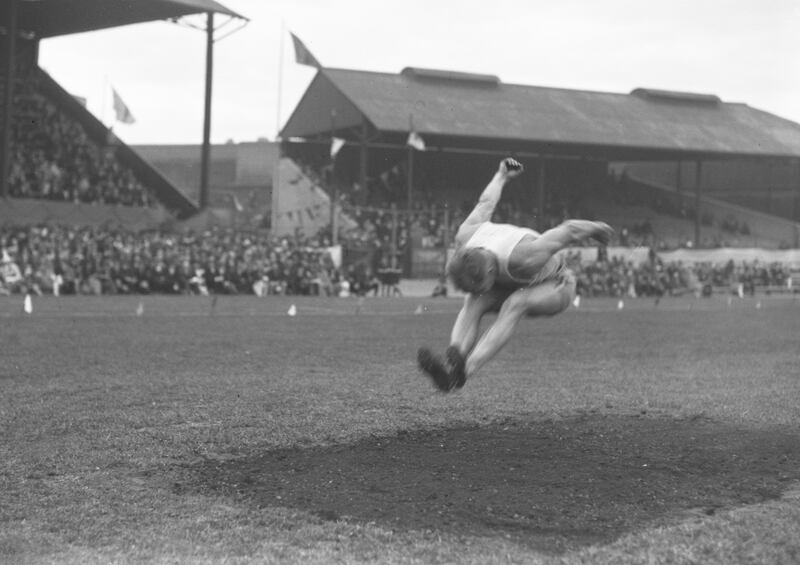 Harold Osborn of the USA takes part in the long jump in the 1928 Tailteann Games. Photograph: Hulton Archive/Getty Images
