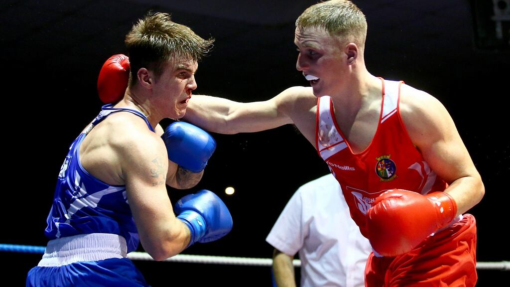 Michael O’Reilly on his way to beating Athy’s John Joyce to book his place in national final. Photograph: Donall Farmer/Inpho