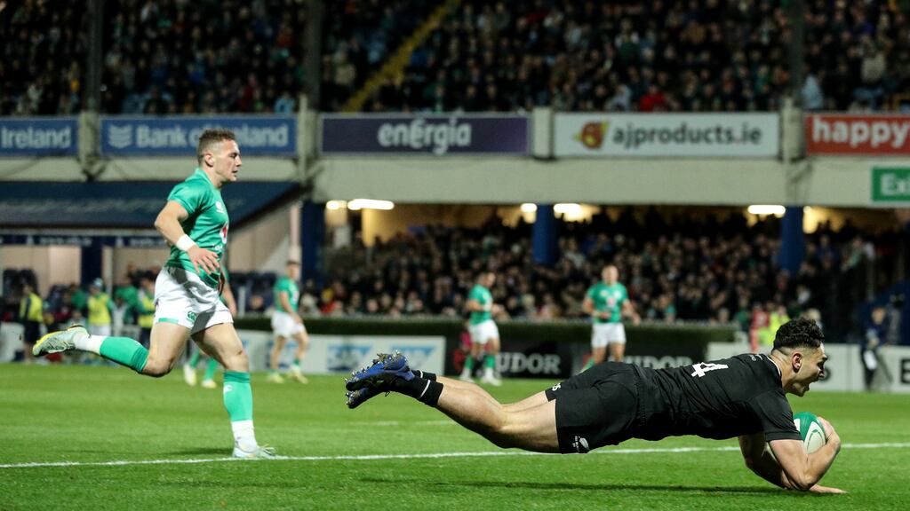 New Zealand's Shaun Stevenson scores a try at the RDS. Photograph: Ben Brady/Inpho