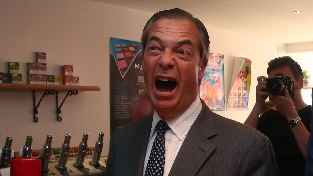 Brexit Party leader Nigel Farage visiting an e-cigarette and vape shop whilst on a European Parliament election campaign rally in Merthyr Tydfil, south Wales on Wednesday. Photograph: Geoff Caddick/AFP/Getty.