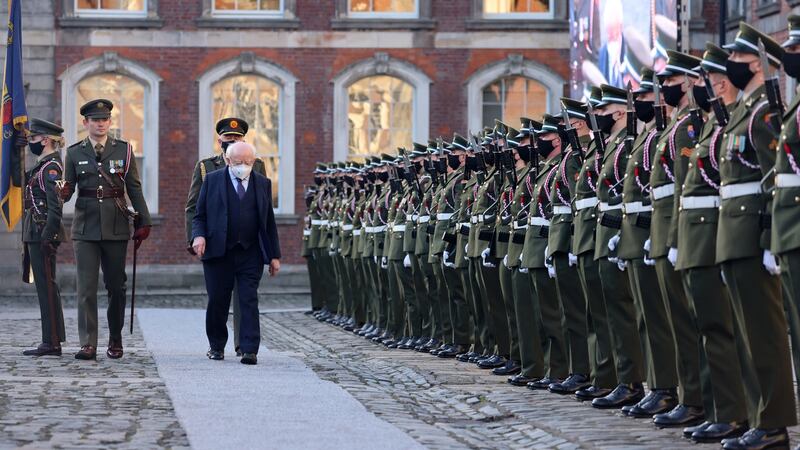 President Michael D Higgins inspects the Guard of Honour 3 Infantry Battalion Stephen’s Barracks, Kilkenny, at the State commemoration to mark the centenary of the handover of Dublin Castle, Dame Street, Dublin, in January 2022. Photograph: Dara Mac Dónaill