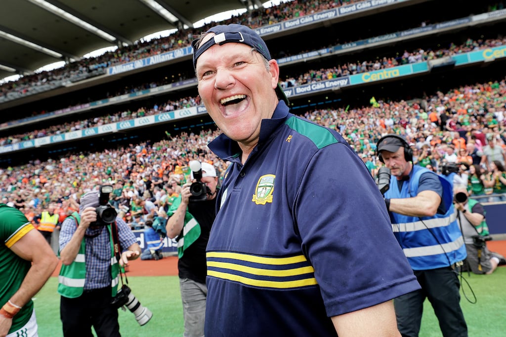 Meath manager Robbie Brennan strikes a familiar pose after his team's win over Galway in the All-Ireland quarter-final. Photograph: Laszlo Geczo/Inpho
