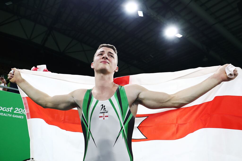 Rhys McClenaghan of Northern Ireland celebrates winning the gold medal in the men's pommel horse final during at the 2018 Commonwealth Games at Coomera Indoor Sports Centre on the Gold Coast, Australia. Photograph: Mark Metcalfe/Getty Images