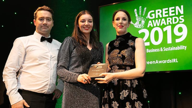 Mary Frances Rochford, Programme Manager, Office of Environmental Sustainability, Environmental Protection Agency presents The Green Construction Award to John Brady & Ellen McKinney, Mace.