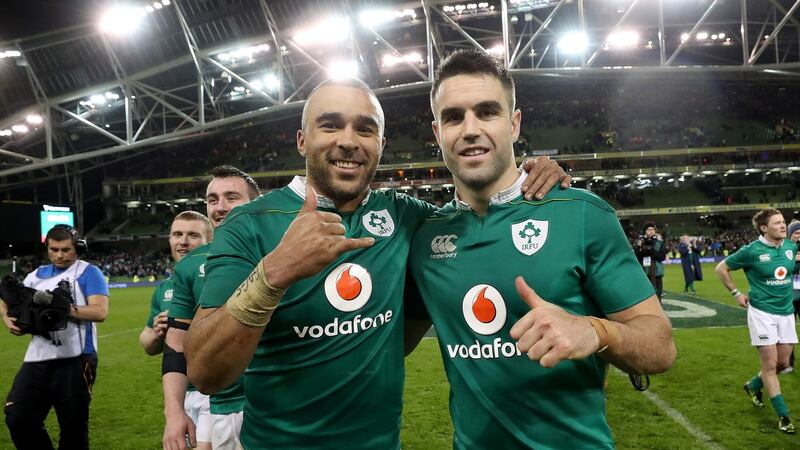 Ireland’s Simon Zebo and Conor Murray after the match. Photo: Billy Stickland