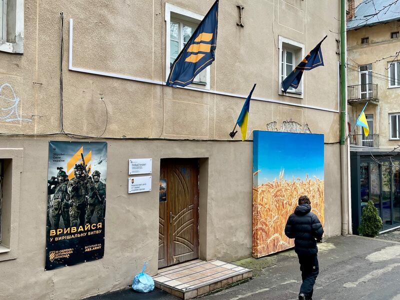 Military recruiting office in Lviv, western Ukraine. Photograph: Daniel McLaughlin