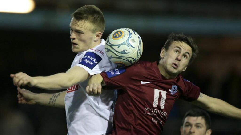 Drogheda’s David Cassidy and Sligo’s David Cawley clash in the first leg of the  Setanta Sports Cup semi-final.