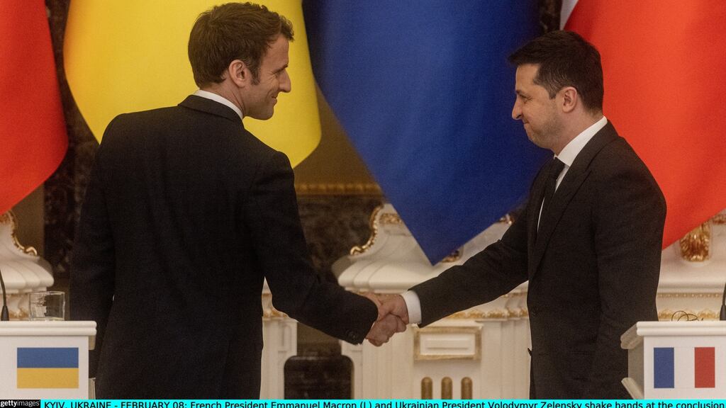 French president Emmanuel Macron and Ukrainian president Volodymyr Zelenskiy: Mr Macron is playing for high stakes in the Russian-Ukrainian crisis but he has nothing to lose domestically. Photograph: Chris McGrath/Getty