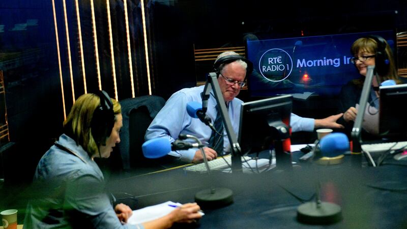 Cathal Mac Coille during his last broadcast on RTÉ One with Rachael English (right). Photograph: Cyril Byrne