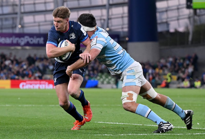 Leinster's Jordie Barrett is tackled by Alex Samuel of Glasgow Warriors. Photograph: Charles McQuillan/Getty Images