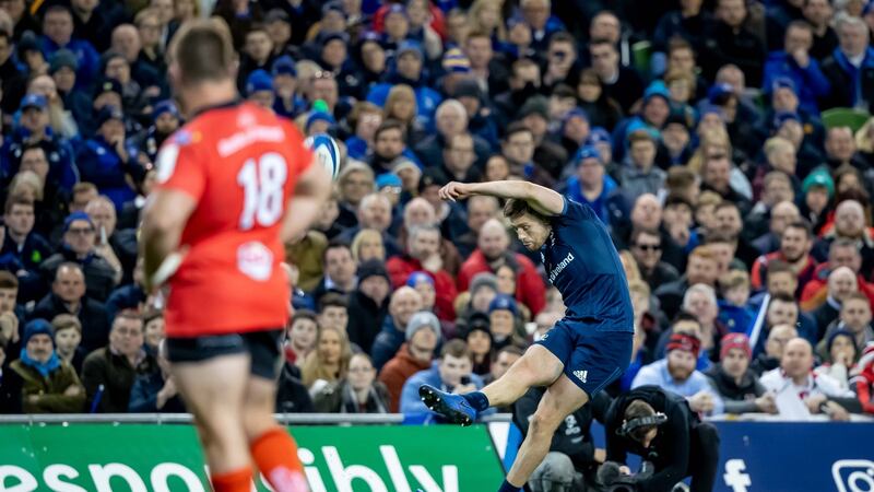 Ross Byrne takes  a penalty for Leinster in the Champions Cup quarter-final win over Ulster. “One of the toughest games, if not the toughest, I’ve ever played. It was incredibly physical, and the atmosphere was so intense.”  Photograph: Morgan Treacy/Inpho