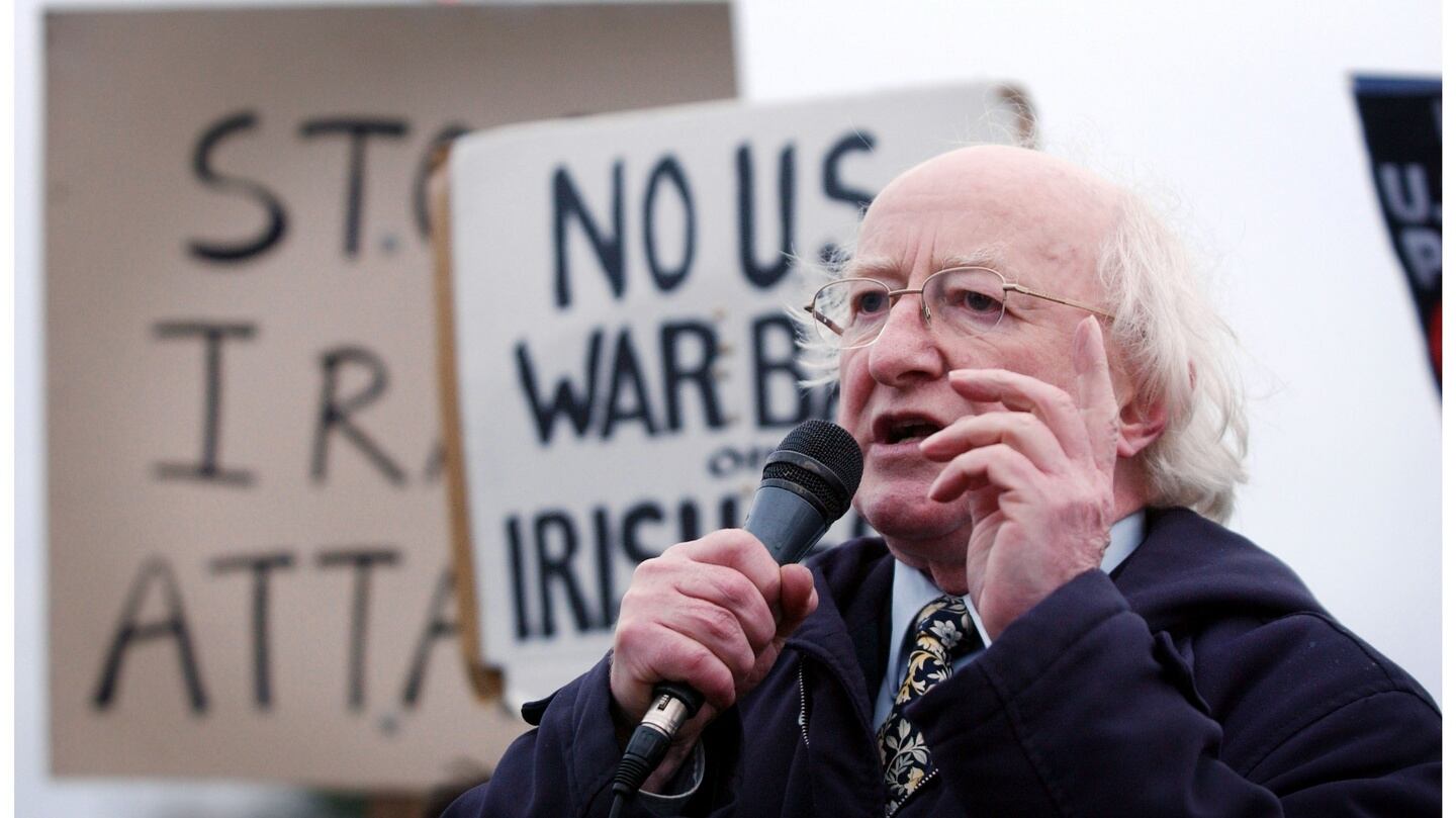 Michael D Higgins of the Labour Party speaking to a crowd protesting US military equipment and troops passing through Shannon Airport in January 2003. Photograph: Alan Betson