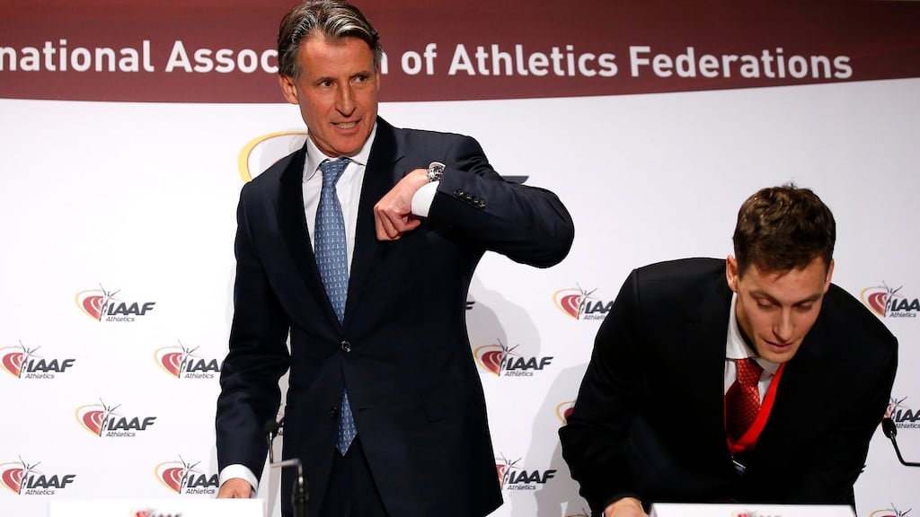 IAAF president Sebastian Coe with chairman Rozle Prezelj in Monaco. “This is a pretty important week in the history of our sport,” said Coe. Photograph: Sebastien Nogier/EPA